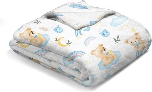 Watercolor Bear Rainbow Baby Blanket for Boy Blue Bear Moon Cloud Feather Leaves Receiving Blanket Animal Soft Flannel Swaddle Blanket Daycare Newborn Nursery Toddler Bed Blanket Playmat 30x40 in Kuwait