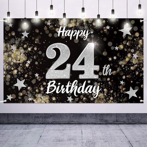 Happy 24th Birthday Decorations,24th Black & Silver Dream Star Large Birthday Banner Backdrop Sign - Cheers to 24 Years Old Bday Party Decoration. in Saudi Arabia