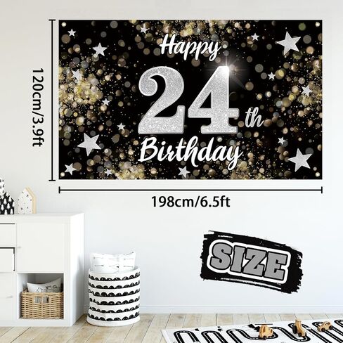 Happy 24th Birthday Decorations,24th Black & Silver Dream Star Large Birthday Banner Backdrop Sign - Cheers to 24 Years Old Bday Party Decoration. in Saudi Arabia