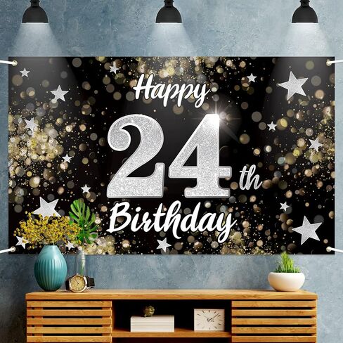 Happy 24th Birthday Decorations,24th Black & Silver Dream Star Large Birthday Banner Backdrop Sign - Cheers to 24 Years Old Bday Party Decoration. in Saudi Arabia