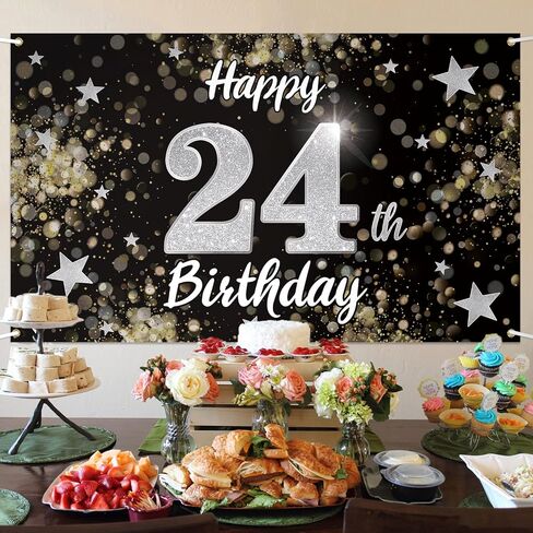 Happy 24th Birthday Decorations,24th Black & Silver Dream Star Large Birthday Banner Backdrop Sign - Cheers to 24 Years Old Bday Party Decoration. in Saudi Arabia
