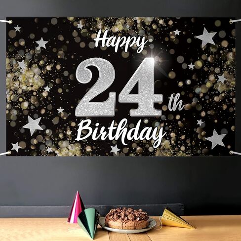 Happy 24th Birthday Decorations,24th Black & Silver Dream Star Large Birthday Banner Backdrop Sign - Cheers to 24 Years Old Bday Party Decoration. in Saudi Arabia