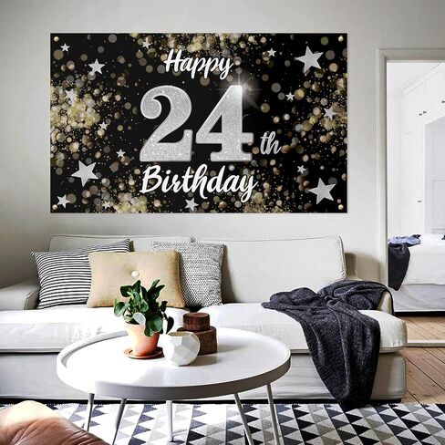 Happy 24th Birthday Decorations,24th Black & Silver Dream Star Large Birthday Banner Backdrop Sign - Cheers to 24 Years Old Bday Party Decoration. in Saudi Arabia