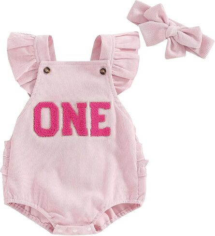 Baby Girl 1st Birthday Outfit One Embroidery Ruffle Sleeve Romper Backless Bodysuit with Headband Cake Smash Outfit in Saudi Arabia
