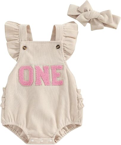 Baby Girl 1st Birthday Outfit One Embroidery Ruffle Sleeve Romper Backless Bodysuit with Headband Cake Smash Outfit in Saudi Arabia