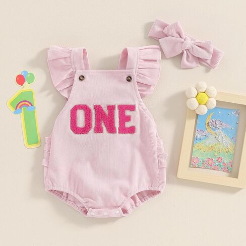 Baby Girl 1st Birthday Outfit One Embroidery Ruffle Sleeve Romper Backless Bodysuit with Headband Cake Smash Outfit in Saudi Arabia