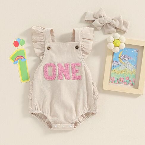 Baby Girl 1st Birthday Outfit One Embroidery Ruffle Sleeve Romper Backless Bodysuit with Headband Cake Smash Outfit in Saudi Arabia