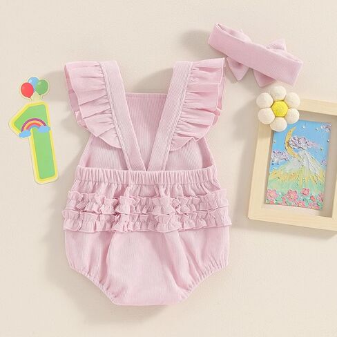 Baby Girl 1st Birthday Outfit One Embroidery Ruffle Sleeve Romper Backless Bodysuit with Headband Cake Smash Outfit in Saudi Arabia