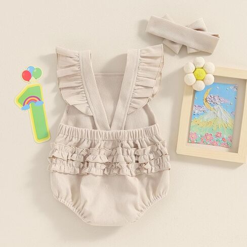 Baby Girl 1st Birthday Outfit One Embroidery Ruffle Sleeve Romper Backless Bodysuit with Headband Cake Smash Outfit in Saudi Arabia