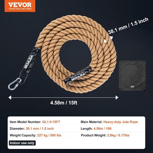 VEVOR Gym Climbing Rope, 1.5" Diameter 25 ft Length Gym Fitness Training Rope, Gym Exercise Workout Rope for Adults, Climbing Rope for Fitness and Strength Training, Climbing Exercise, Home Workout in Saudi Arabia
