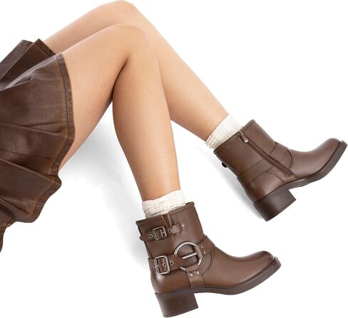 DREAM PAIRS Women's Ankle Boots Fashion Buckles Square Toe Motorcycle Riding Biker Boots Low Chunky Heel Fall Booties Shoes in Saudi Arabia