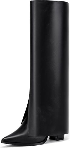 IDIFU Knee High Women Shark Boots Fold Over Tall High Chunky Heel Boots Pointed Toe Block Heeled Booties for Women Zip Up Dress Long Comfortable Cute Fashion Dressy Sexy Trendy Heel Booties Boots in Saudi Arabia
