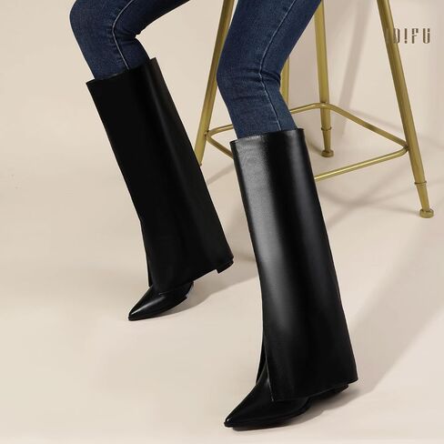 IDIFU Knee High Women Shark Boots Fold Over Tall High Chunky Heel Boots Pointed Toe Block Heeled Booties for Women Zip Up Dress Long Comfortable Cute Fashion Dressy Sexy Trendy Heel Booties Boots in Saudi Arabia