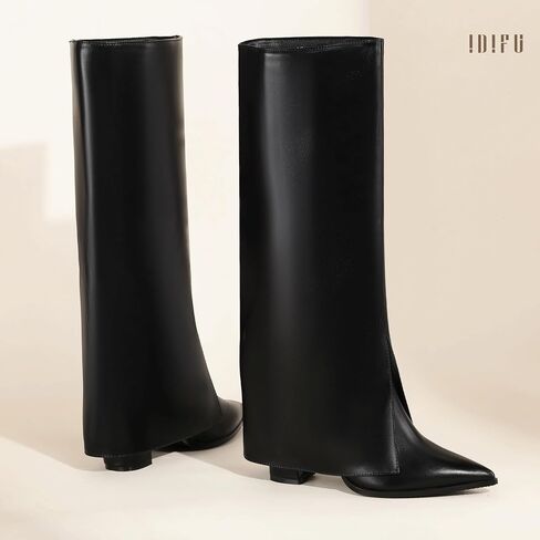 IDIFU Knee High Women Shark Boots Fold Over Tall High Chunky Heel Boots Pointed Toe Block Heeled Booties for Women Zip Up Dress Long Comfortable Cute Fashion Dressy Sexy Trendy Heel Booties Boots in Saudi Arabia