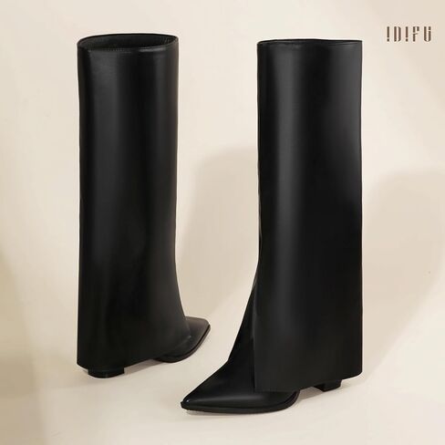 IDIFU Knee High Women Shark Boots Fold Over Tall High Chunky Heel Boots Pointed Toe Block Heeled Booties for Women Zip Up Dress Long Comfortable Cute Fashion Dressy Sexy Trendy Heel Booties Boots in Saudi Arabia