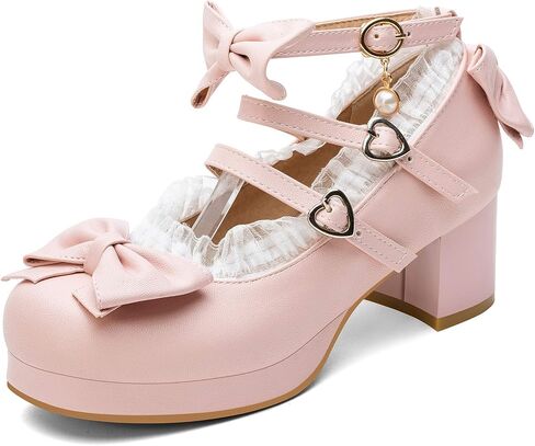 100FIXEO Women's Kawaii Platform Ankle Strap Chunky Heel Mary Jane Pumps Cute Closed Toe Goth Strappy Bow Lace Party Dress Shoes in Saudi Arabia