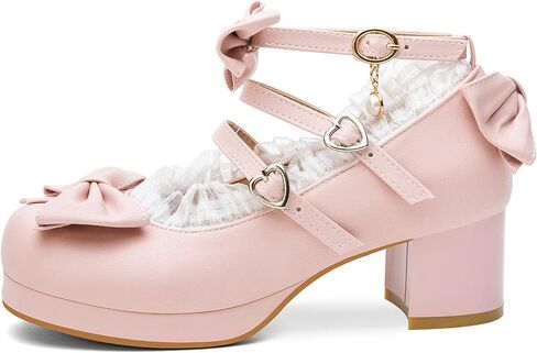 100FIXEO Women's Kawaii Platform Ankle Strap Chunky Heel Mary Jane Pumps Cute Closed Toe Goth Strappy Bow Lace Party Dress Shoes in Saudi Arabia