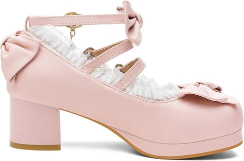 100FIXEO Women's Kawaii Platform Ankle Strap Chunky Heel Mary Jane Pumps Cute Closed Toe Goth Strappy Bow Lace Party Dress Shoes in Saudi Arabia