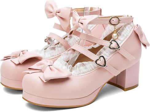 100FIXEO Women's Kawaii Platform Ankle Strap Chunky Heel Mary Jane Pumps Cute Closed Toe Goth Strappy Bow Lace Party Dress Shoes in Saudi Arabia
