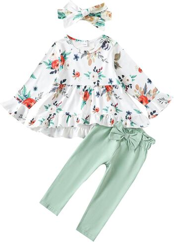 Kucnuzki Baby Girl Clothes Toddler Girl Outfit Ruffle Sleeve Shirt Floral Pant Set Fall Winter Clothing for Girl in Kuwait