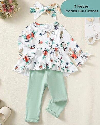 Kucnuzki Baby Girl Clothes Toddler Girl Outfit Ruffle Sleeve Shirt Floral Pant Set Fall Winter Clothing for Girl in Kuwait