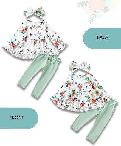 Kucnuzki Baby Girl Clothes Toddler Girl Outfit Ruffle Sleeve Shirt Floral Pant Set Fall Winter Clothing for Girl in Kuwait