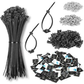 8 inch Black Zip Ties 200PCS with 100 Pack 3/4" Zip Tie Adhesive Mounts, with 3M Suction Cups 100Pcs, Saddle Mounts Type(100pcs) and Screws(300pcs) Kit – Pedal Board Cable Management Indoor