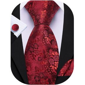 Barry.Wang Mens Tie Set Paisley Floral Necktie Pocket Square Cufflinks Formal Wedding