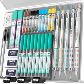 36PCS Art Mechanical Pencils Set with Case, 3PCS Metal Drafting Pencil 0.5, 0.7, 0.9mm, 3PCS 2mm Lead Holder for Drawing Sketching with 20 Tubes (6B 4B 2B HB 2H 4H Colors) Lead Refills