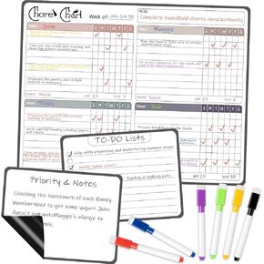 Magnetic Weekly Dry Erase Menu Board - 2pcs Colorful Weekly Fridge Meal Planner Whiteboard Set with Magnetic Meal Planner, Magnetic Notepad, 6 Color Markers for Kitchen Refrigerator Home Office
