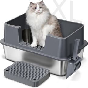 Stainless Steel Litter Box with Lid Extra Large Cat Litter Box with Scoop & Footboard High Sided Metal Litter Box for Large Cats Anti-Leakage Easy to Clean Anti-Slip No Ordor (XL, Grey)