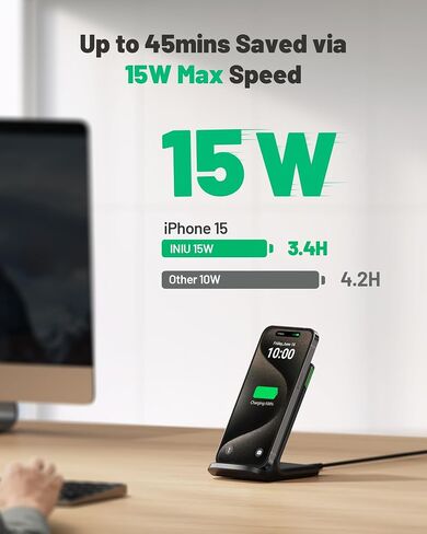 INIU Wireless Charger, 15W Fast Qi-Certified Wireless Charging Station with Sleep-Friendly Adaptive Light Compatible with iPhone 15 14 13 12 Pro XS 8 Plus Samsung Galaxy S23 S22 S21 Note 20 Google etc in Kuwait