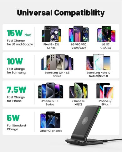 INIU Wireless Charger, 15W Fast Qi-Certified Wireless Charging Station with Sleep-Friendly Adaptive Light Compatible with iPhone 15 14 13 12 Pro XS 8 Plus Samsung Galaxy S23 S22 S21 Note 20 Google etc in Kuwait
