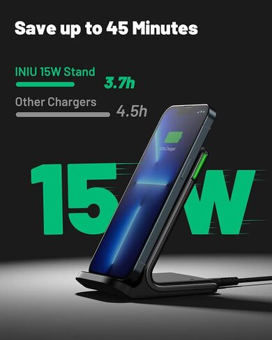 INIU Wireless Charger, 15W Fast Qi-Certified Wireless Charging Station with Sleep-Friendly Adaptive Light Compatible with iPhone 15 14 13 12 Pro XS 8 Plus Samsung Galaxy S23 S22 S21 Note 20 Google etc in Kuwait