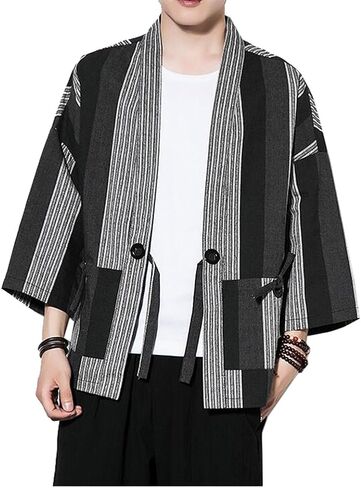 Hotmiss Mens Kimono Hipster Plaid Patchwork Linen Cloak Open Front Cardigan Jackets in Kuwait