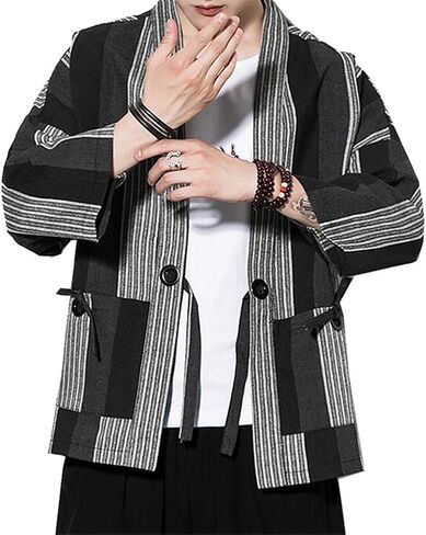 Hotmiss Mens Kimono Hipster Plaid Patchwork Linen Cloak Open Front Cardigan Jackets in Kuwait