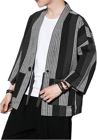 Hotmiss Mens Kimono Hipster Plaid Patchwork Linen Cloak Open Front Cardigan Jackets in Kuwait