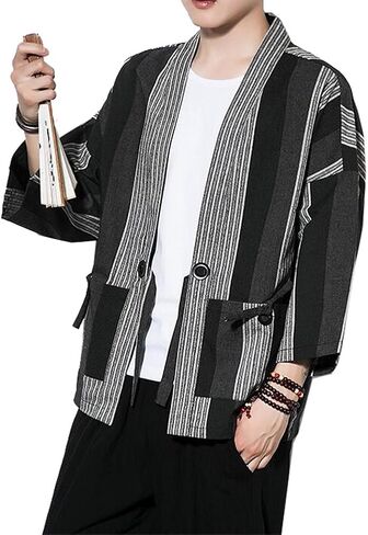 Hotmiss Mens Kimono Hipster Plaid Patchwork Linen Cloak Open Front Cardigan Jackets in Kuwait