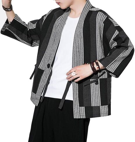 Hotmiss Mens Kimono Hipster Plaid Patchwork Linen Cloak Open Front Cardigan Jackets in Kuwait