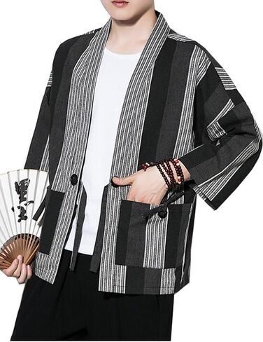 Hotmiss Mens Kimono Hipster Plaid Patchwork Linen Cloak Open Front Cardigan Jackets in Kuwait