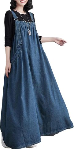Denim Jumper Dress with Deep Pockets Maxi Length Loose Version Baggy Style Adjustable Straps Overall Dress in Saudi Arabia