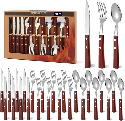 Today's Present Forks and Spoons Silverware Set, 24 Piece Wooden Handle Silverware Set for 8, Wooden Cutlery Stainless Steel Flatware Set with Wood Handle Gift Box Set for Home Kitchen Travel Camping in Saudi Arabia