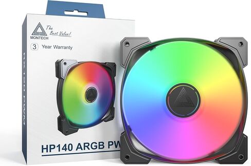 MONTECH HP140 ARGB PWM Rifle Bearing Fan 600-1600RPM, High Airflow Performing Fan 95.61CFM, 4-Pin, 3 in 1 Pack with 6X6 Fan Hub - 140mm Black in Kuwait
