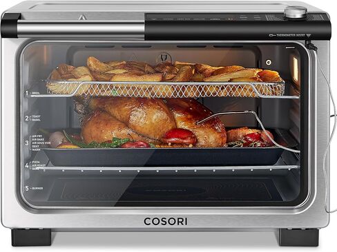 COSORI Ceramic Air Fryer Toaster Oven Combo, 11-in-1 Flat-Sealed Heating Elements for Easy Cleanup, Innovative Burner Function, 6 Accessories & Recipes, 26QT, Silver, Stainless Steel in Saudi Arabia