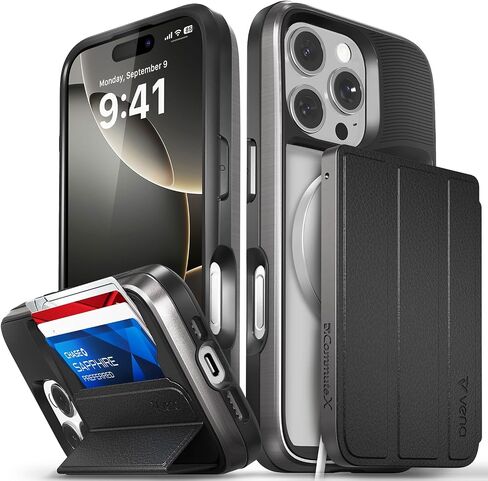 حافظة محفظة VENA vCommute لهاتف iPhone 16 Pro، [حماية من السقوط من الدرجة العسكرية] غطاء جلدي قابل للطي مع مسند للبطاقات - أسود in Kuwait