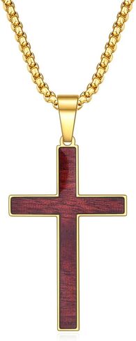 Mens Stainless Steel Wood Cross Pendant Necklace, Christian Wooden Cross Necklace 24" Round Box Chain in Saudi Arabia