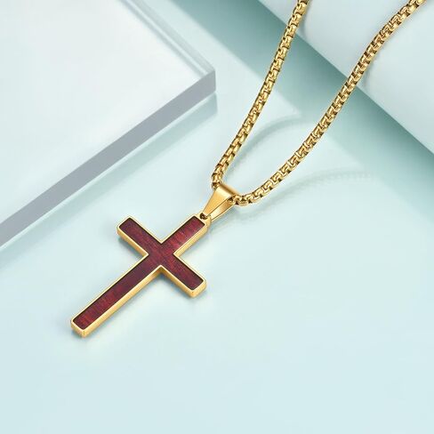Mens Stainless Steel Wood Cross Pendant Necklace, Christian Wooden Cross Necklace 24" Round Box Chain in Saudi Arabia