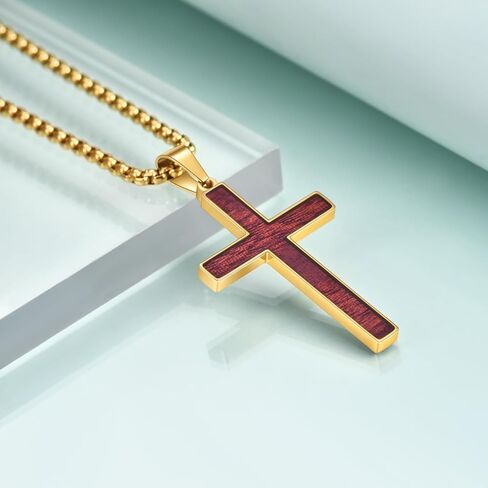 Mens Stainless Steel Wood Cross Pendant Necklace, Christian Wooden Cross Necklace 24" Round Box Chain in Saudi Arabia