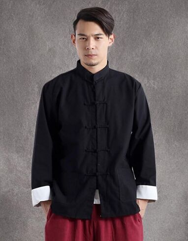 Idopy Men's Chinese Traditional Linen Cotton Tai Chi Kung Fu Mandarin Collar Frog-Button Shirt in Kuwait