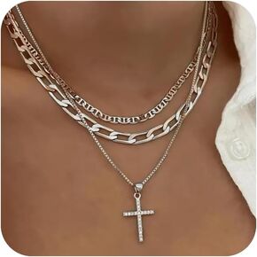 Pancert Cross Necklace for Women,Stackable Stacked Stacking Layering Layered Necklaces Dainty Gold Necklace Paperclip Box Flat Mariner Chain Necklace Cross Pendant CZ Diamond Simple Girls Jewelry Gift
